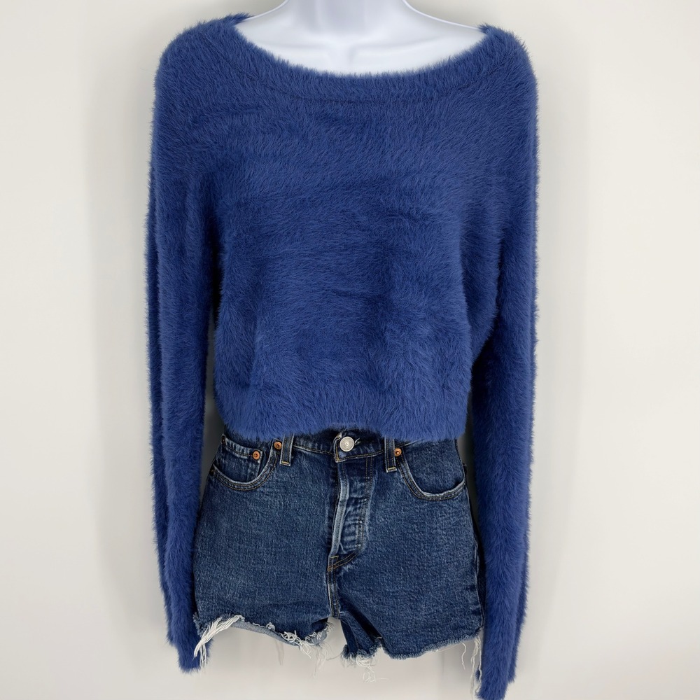 Natural Life Blue Fuzzy Cropped Sweater Boat Neck Long‎ Sleeve Womens XL